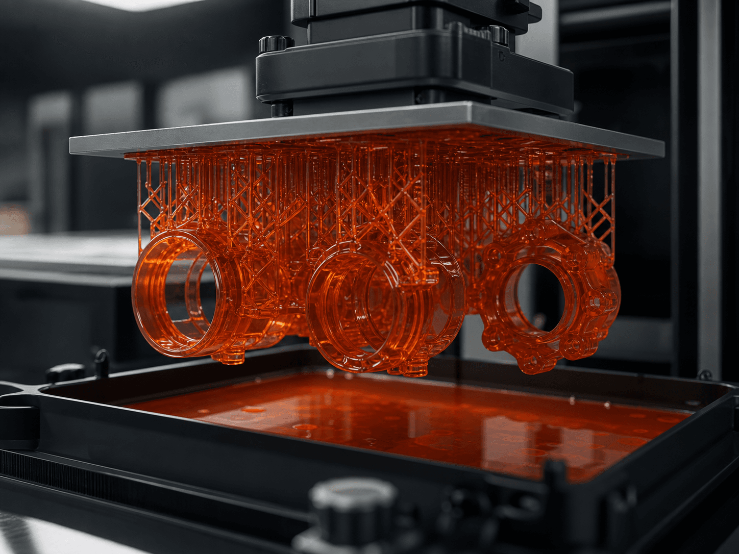 Resin parts with support structures on an SLA printer build platform