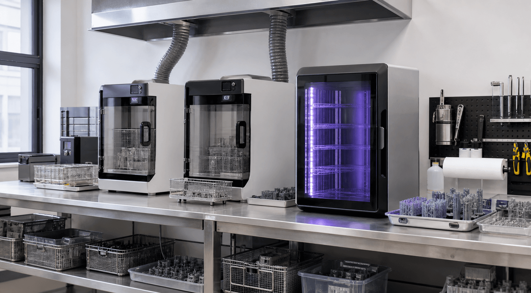 Resin washing and UV curing equipment at a post-processing station