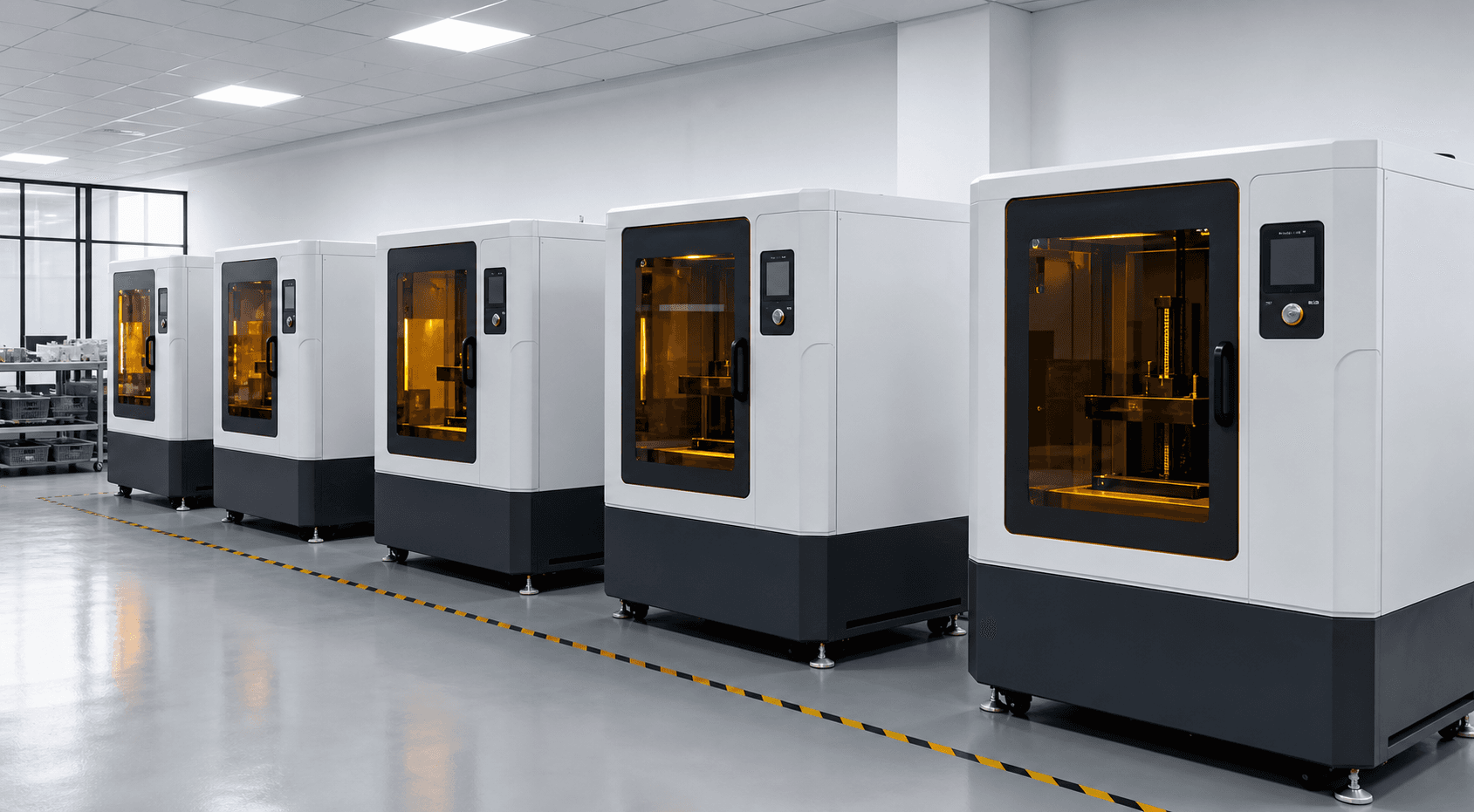 Row of enclosed industrial SLA printers in a clean workshop